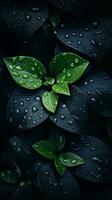 un negro antecedentes con verde hojas y agua gotas generativo ai foto