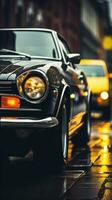 un negro coche es estacionado en el calle en el lluvia generativo ai foto