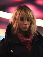 a blonde haired woman in a black jacket and pink scarf generative ai photo