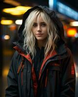 a blonde woman in a black jacket and orange hoodie generative ai photo