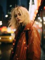 a blonde woman in an orange jacket standing in the rain at night generative ai photo