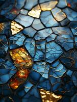 un azul y oro mosaico antecedentes con roto piezas de vaso generativo ai foto