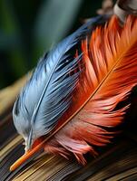 a blue and orange feather sitting on top of a book generative ai photo