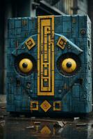 a blue box with yellow eyes on it generative ai photo