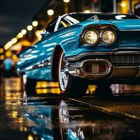 un azul coche estacionado en un mojado calle a noche generativo ai foto