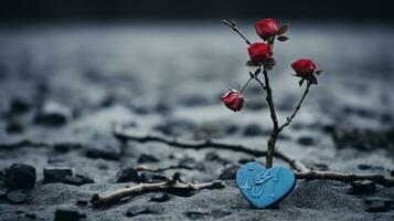 un azul corazón con dos rojo rosas en el suelo en el medio de el Desierto generativo ai foto