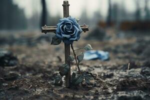 a blue rose on a wooden cross in the middle of a field generative ai photo