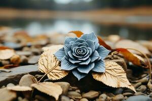 a blue rose sits on top of leaves and rocks generative ai photo