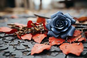 un azul Rosa se sienta en el suelo rodeado por rojo hojas generativo ai foto
