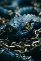 a blue snake with yellow eyes on a chain generative ai photo