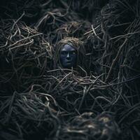 a blue woman is hidden in a pile of twigs generative ai photo
