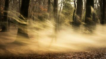 un borroso imagen de un bosque con arboles en el antecedentes generativo ai foto