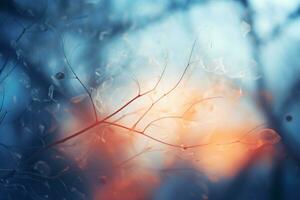 a blurry image of a tree branch with leaves generative ai photo