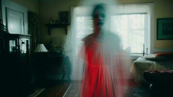 un borroso imagen de un mujer en un rojo vestir generativo ai foto