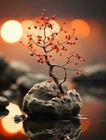 a bonsai tree is sitting on a rock in the water generative ai photo