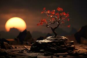 a bonsai tree on top of a rock in front of a sunset generative ai photo