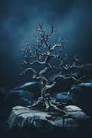 a bonsai tree on top of a rock in the dark generative ai photo