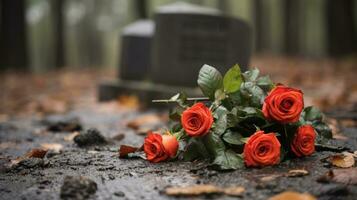 un ramo de flores de rojo rosas tendido en el suelo siguiente a un lápida sepulcral generativo ai foto
