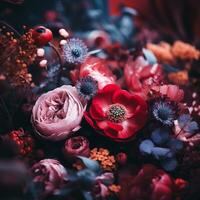 a bouquet of red purple and blue flowers generative ai photo
