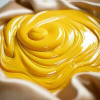 a bowl of yellow liquid sitting on a table generative ai photo