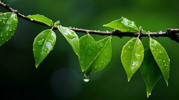 a branch with green leaves and water droplets generative ai photo