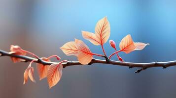 a branch with red leaves on it in front of a blurred background generative ai photo
