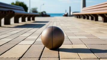 a brown ball sitting on a brick walkway next to benches generative ai photo