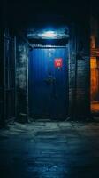 un edificio con un azul puerta a noche generativo ai foto