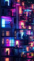 un edificio con neón luces y personas en el balcones generativo ai foto