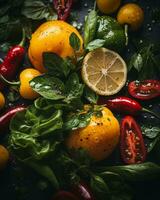 a bunch of fresh vegetables on a black background generative ai photo