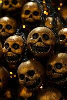 a bunch of gold skulls hanging from a string generative ai photo