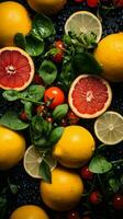 a bunch of lemons tomatoes and spinach on a black surface generative ai photo