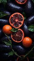 a bunch of oranges and a bunch of blood oranges on a black surface generative ai photo