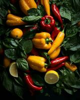 a bunch of peppers lemons and spinach on a black surface generative ai photo
