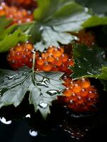 a bunch of red berries and leaves on a black surface generative ai photo