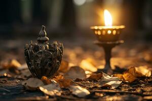 a candle and an ornate candle stand in the middle of a forest generative ai photo