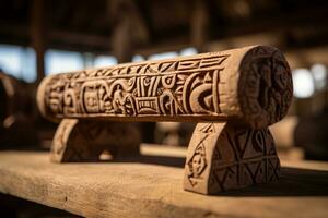 a carved wooden object sitting on top of a wooden table generative ai photo