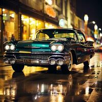 un coche estacionado en un mojado calle a noche generativo ai foto