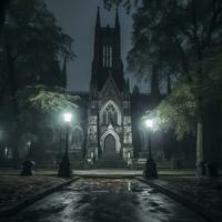 un Iglesia es iluminado arriba a noche en el lluvia generativo ai foto
