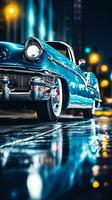 a classic car is parked on the street at night generative ai photo