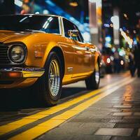 un clásico coche es estacionado en el calle a noche generativo ai foto