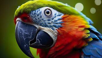 tropical guacamayo encaramado, vibrante plumas en enfocar. generativo ai foto