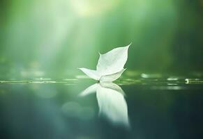 White transparent leaf on mirror surface with reflection on green background macro. Generative AI photo