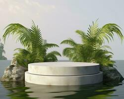 Stone product display podium for cosmetic product with green nature garden background. Generative AI photo