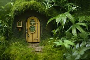 pequeño magia de madera hada puertas y plantas salir en un cubierto de musgo natural verde antecedentes. ai generado foto