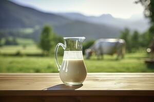 Glass pitcher with fresh milk on a wooden table. AI Generated photo