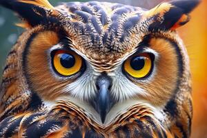 Owl headshot with closeup of face. Generative AI photo