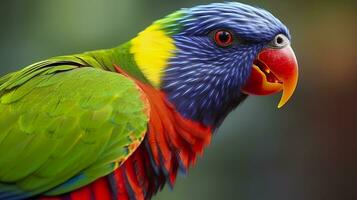 lado ver de cerca de hermosa y vistoso lorikeet verde nuca pájaro. generativo ai foto