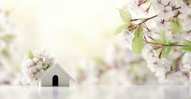 Toy house and cherry flowers, spring abstract natural background. Generative AI photo