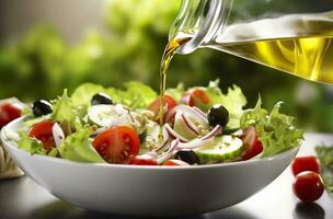 salud beneficios de sano ensalada, en el estilo de preciso detallando, suave y brillante. ai generado foto